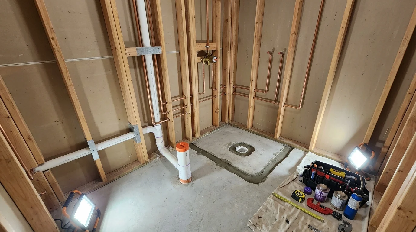 Bathroom rough-in plumbing during remodel by Johns Plumbing LLC in Mendon