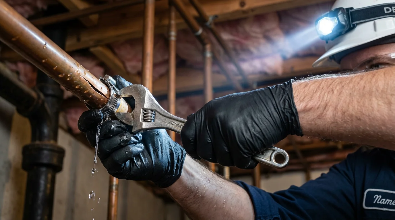 Emergency pipe clamp repair being performed by a Johns Plumbing LLC plumber in Mendon