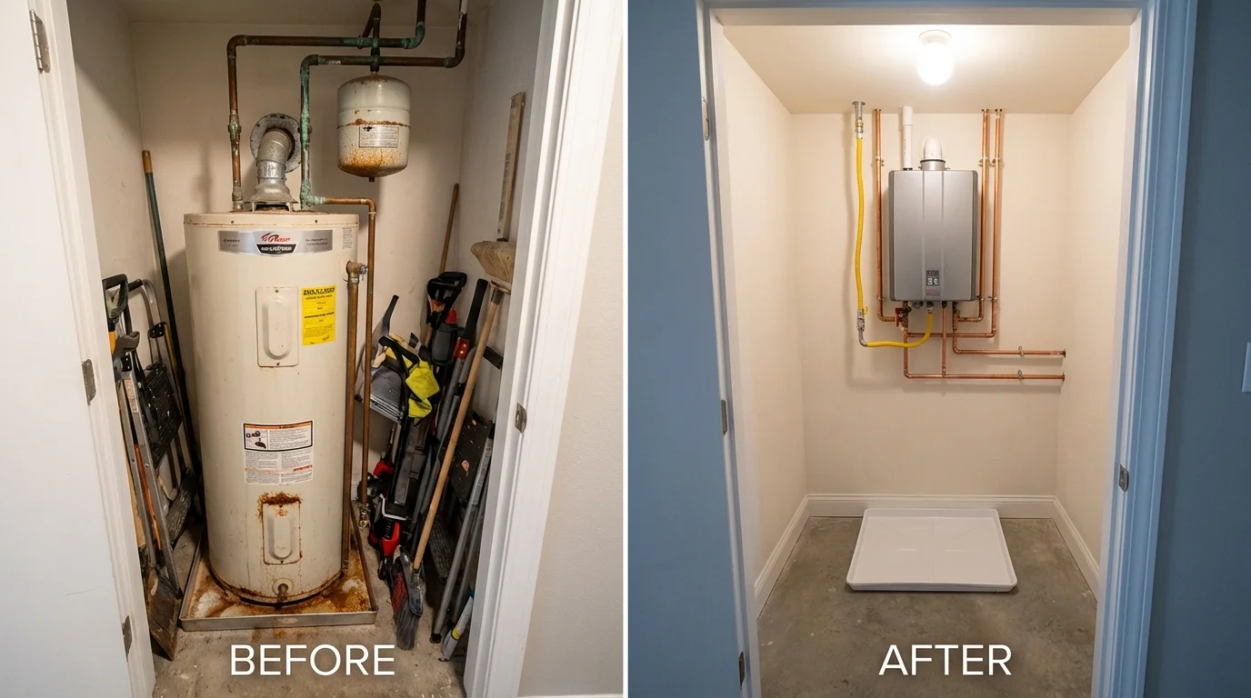 Tank water heater versus wall-mounted tankless unit comparison for Mendon, MA homeowners