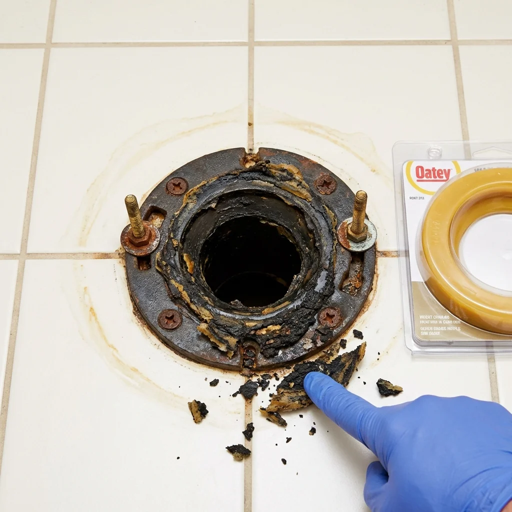 Failed wax ring showing water seepage at the base of a toilet in a Mendon, MA home