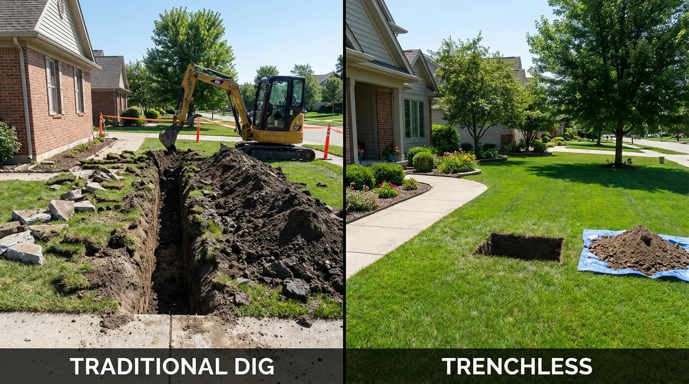 Trenchless sewer repair with minimal yard damage versus traditional excavation in Mendon, MA